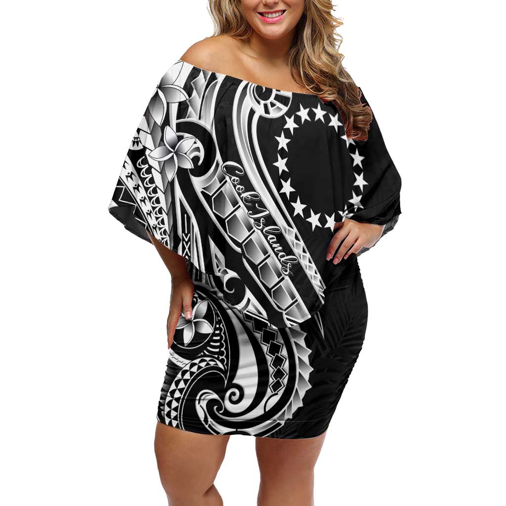 Kia Orana Cook Islands Off Shoulder Short Dress Kerekere Plumeria Tropical Waves LT7 Women Black - Polynesian Pride