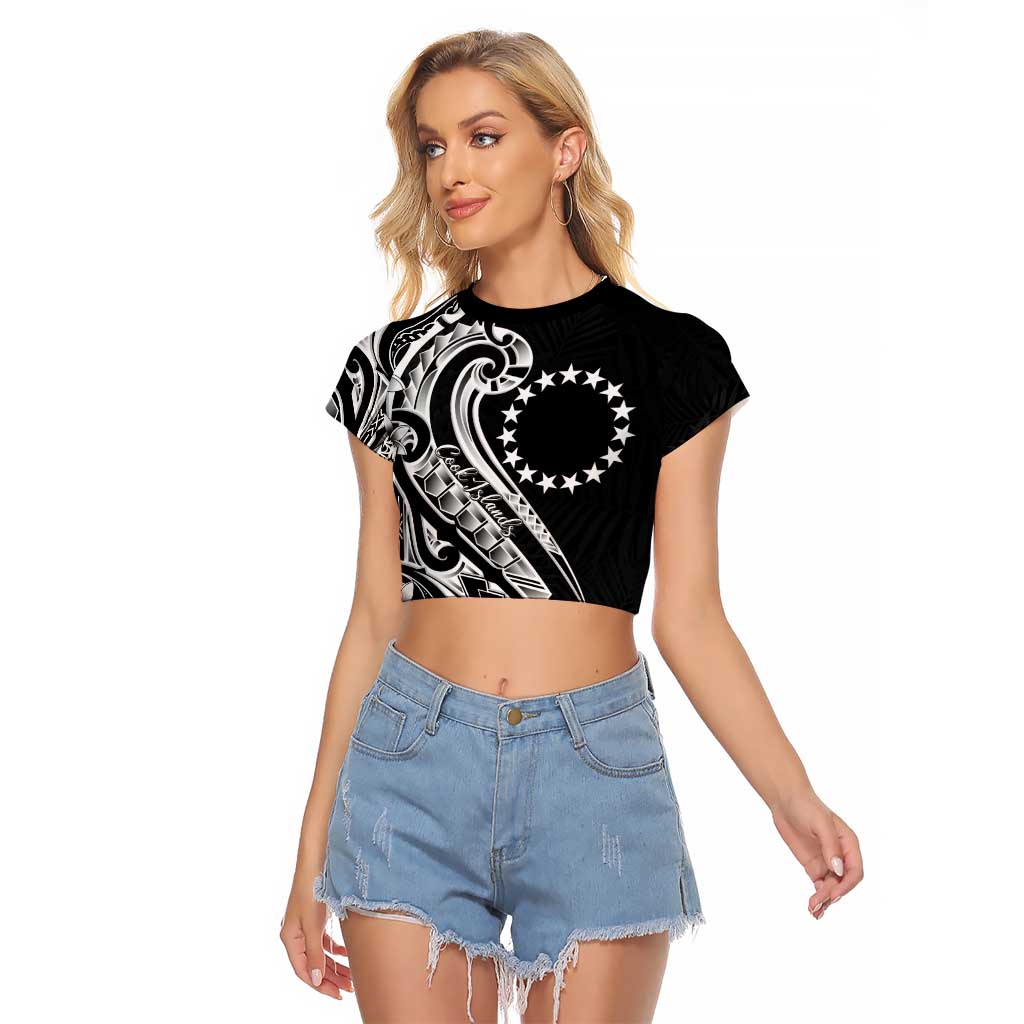 Kia Orana Cook Islands Raglan Cropped T Shirt Kerekere Plumeria Tropical Waves LT7 Female Black - Polynesian Pride