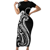 Kia Orana Cook Islands Short Sleeve Bodycon Dress Kerekere Plumeria Tropical Waves LT7 Long Dress Black - Polynesian Pride