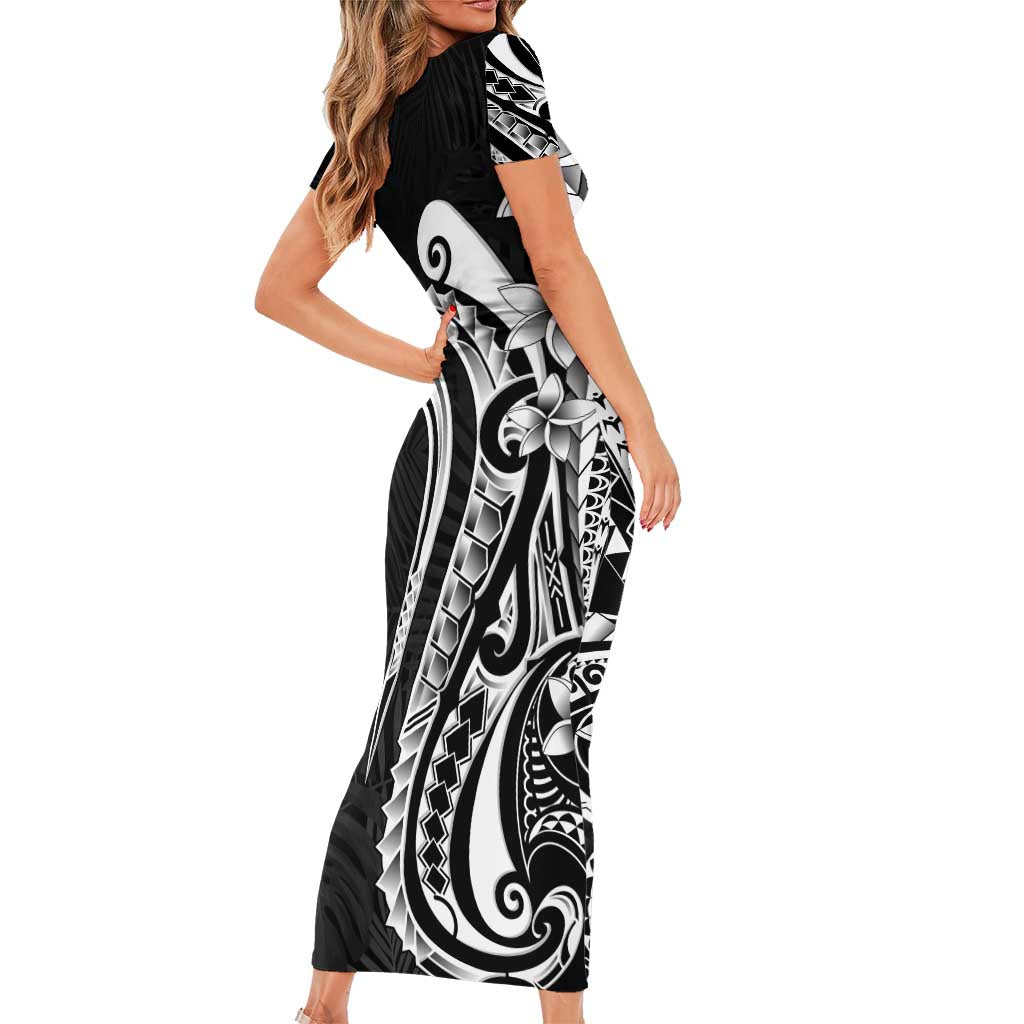 Kia Orana Cook Islands Short Sleeve Bodycon Dress Kerekere Plumeria Tropical Waves LT7 - Polynesian Pride