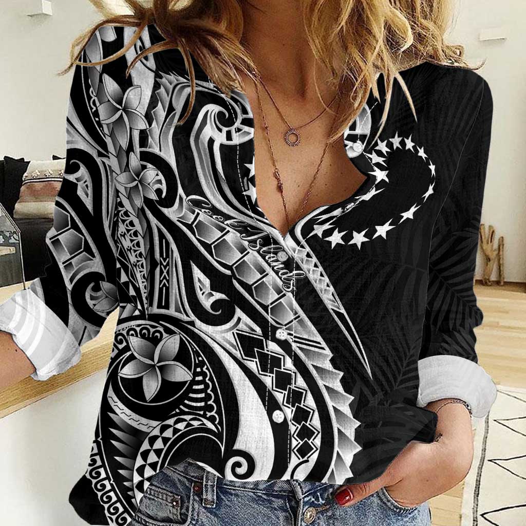 Kia Orana Cook Islands Women Casual Shirt Kerekere Plumeria Tropical Waves LT7 Female Black - Polynesian Pride