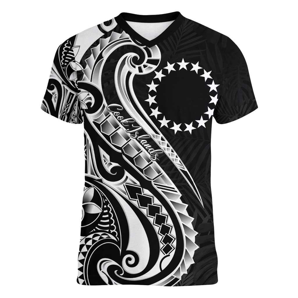 Kia Orana Cook Islands Women V-Neck T-Shirt Kerekere Plumeria Tropical Waves LT7 Female Black - Polynesian Pride