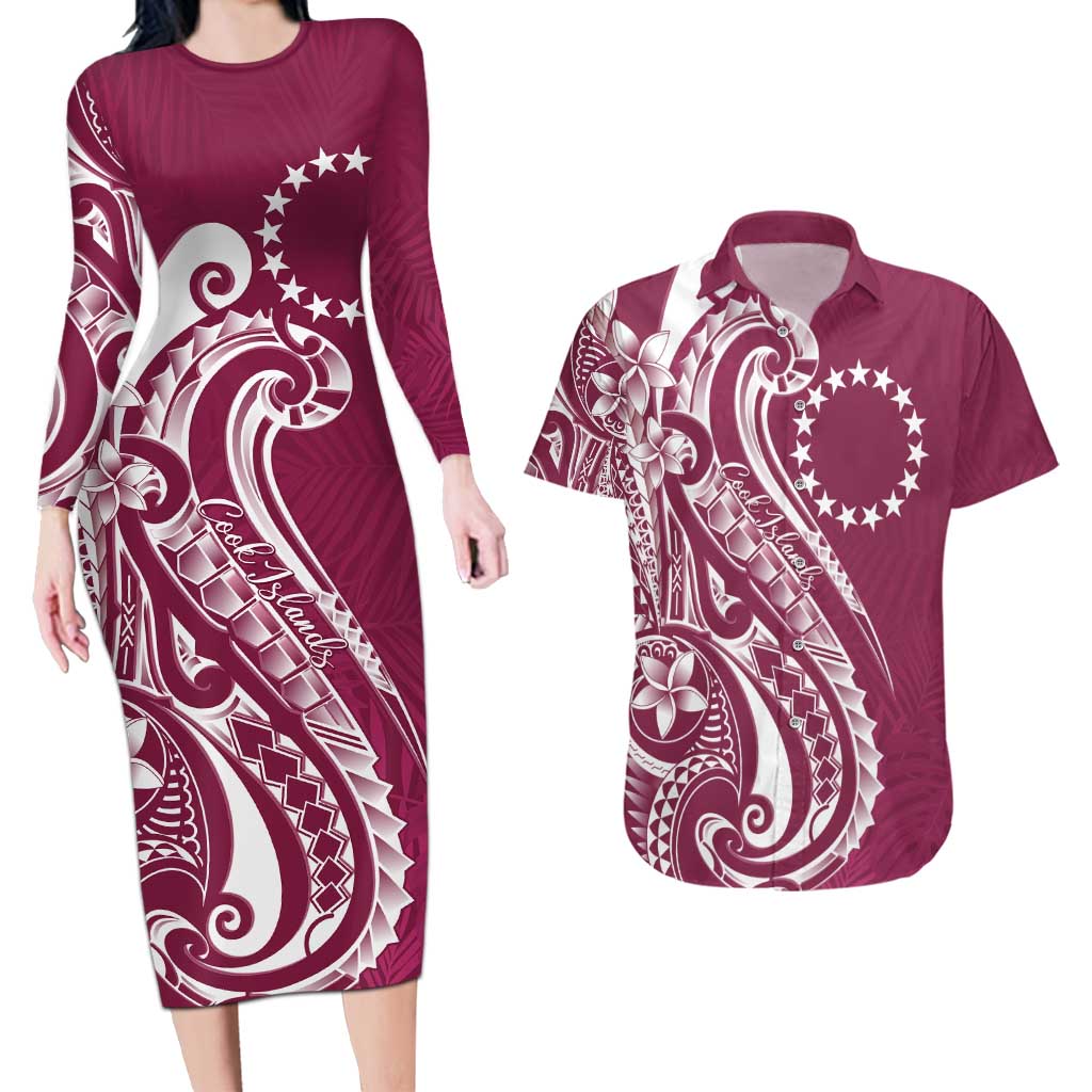 Kia Orana Cook Islands Couples Matching Long Sleeve Bodycon Dress and Hawaiian Shirt Maroon Plumeria Tropical Waves LT7 Maroon - Polynesian Pride