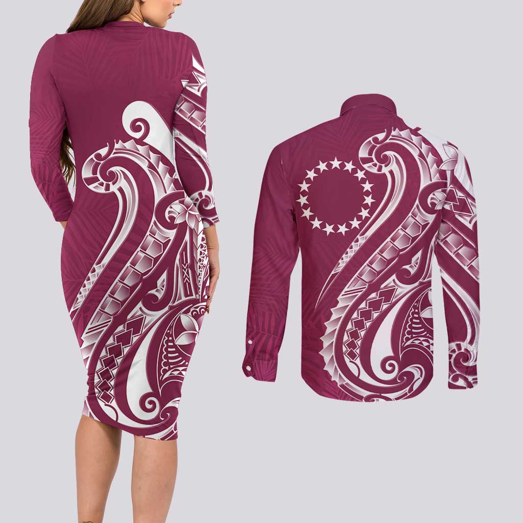 Kia Orana Cook Islands Couples Matching Long Sleeve Bodycon Dress and Long Sleeve Button Shirt Maroon Plumeria Tropical Waves LT7 - Polynesian Pride