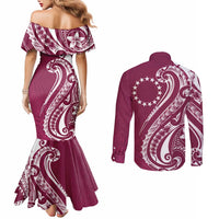 Kia Orana Cook Islands Couples Matching Mermaid Dress and Long Sleeve Button Shirt Maroon Plumeria Tropical Waves LT7 - Polynesian Pride
