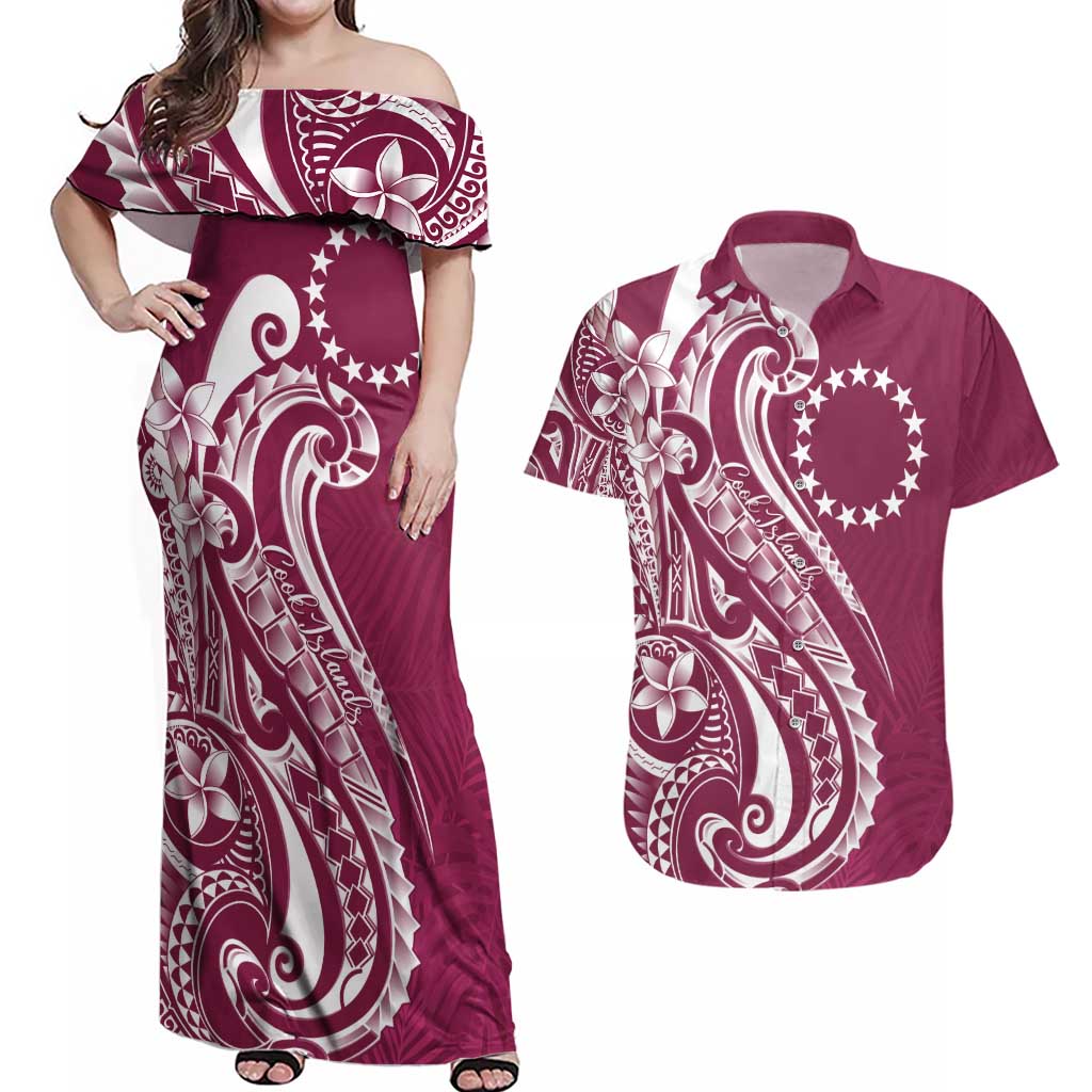 Kia Orana Cook Islands Couples Matching Off Shoulder Maxi Dress and Hawaiian Shirt Maroon Plumeria Tropical Waves LT7 Maroon - Polynesian Pride