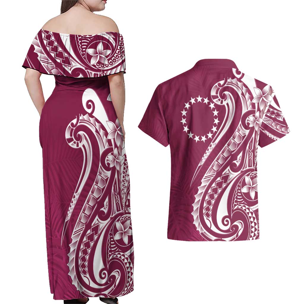 Kia Orana Cook Islands Couples Matching Off Shoulder Maxi Dress and Hawaiian Shirt Maroon Plumeria Tropical Waves LT7 - Polynesian Pride