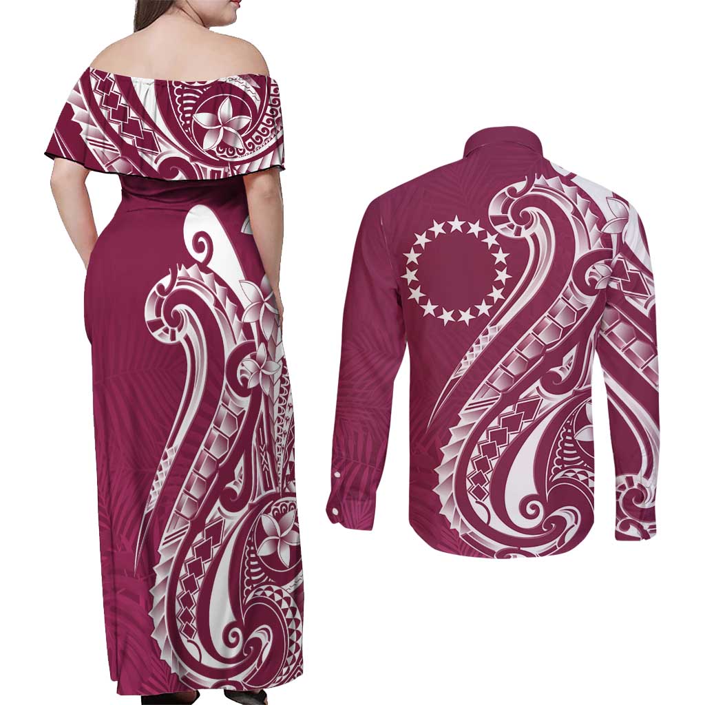 Kia Orana Cook Islands Couples Matching Off Shoulder Maxi Dress and Long Sleeve Button Shirt Maroon Plumeria Tropical Waves LT7 - Polynesian Pride
