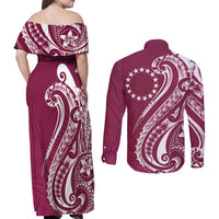 Kia Orana Cook Islands Couples Matching Off Shoulder Maxi Dress and Long Sleeve Button Shirt Maroon Plumeria Tropical Waves LT7 - Polynesian Pride