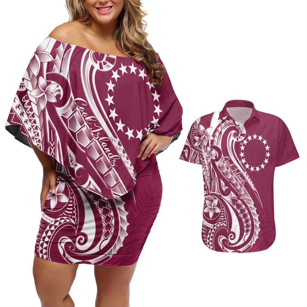 Kia Orana Cook Islands Couples Matching Off Shoulder Short Dress and Hawaiian Shirt Maroon Plumeria Tropical Waves LT7 Maroon - Polynesian Pride
