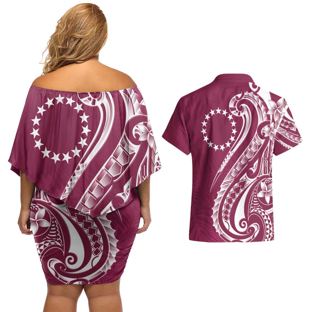 Kia Orana Cook Islands Couples Matching Off Shoulder Short Dress and Hawaiian Shirt Maroon Plumeria Tropical Waves LT7 - Polynesian Pride
