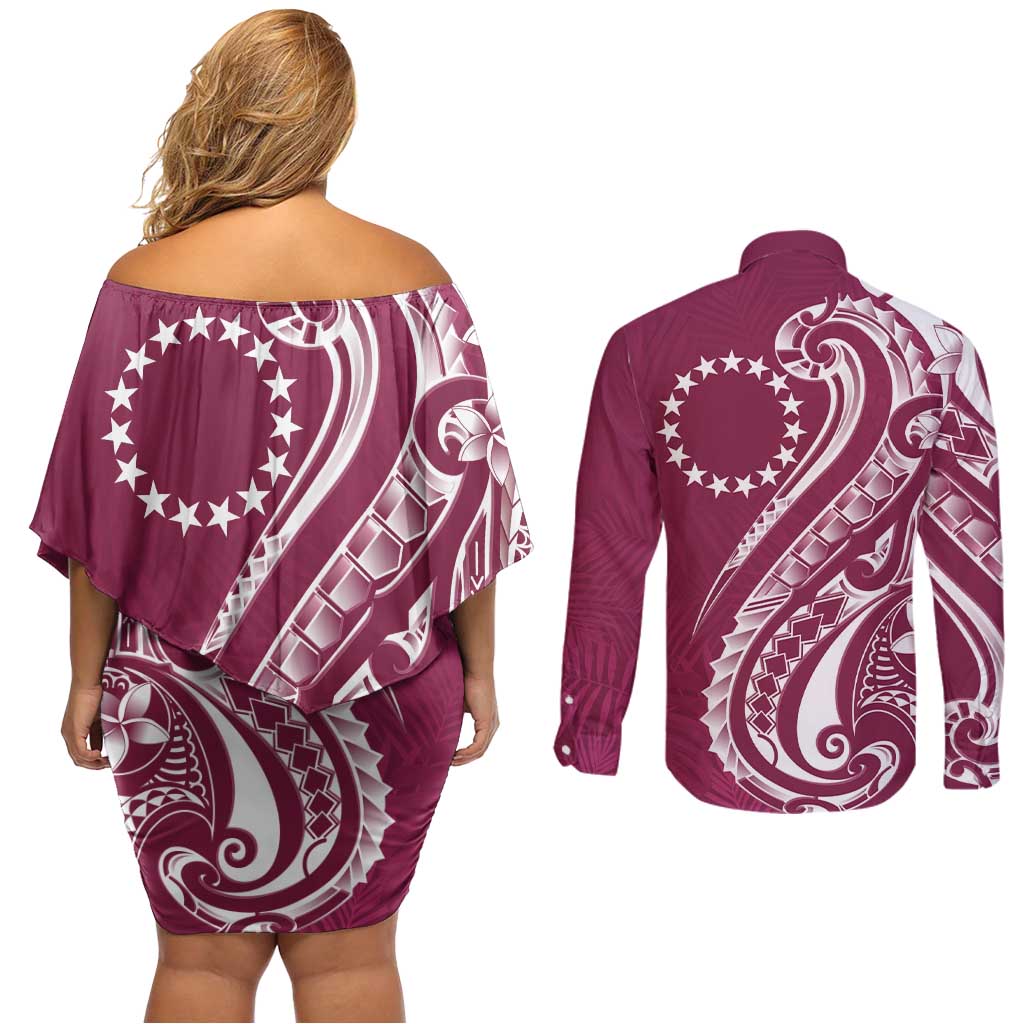 Kia Orana Cook Islands Couples Matching Off Shoulder Short Dress and Long Sleeve Button Shirt Maroon Plumeria Tropical Waves LT7 - Polynesian Pride