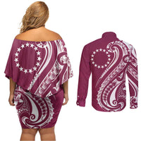 Kia Orana Cook Islands Couples Matching Off Shoulder Short Dress and Long Sleeve Button Shirt Maroon Plumeria Tropical Waves LT7 - Polynesian Pride