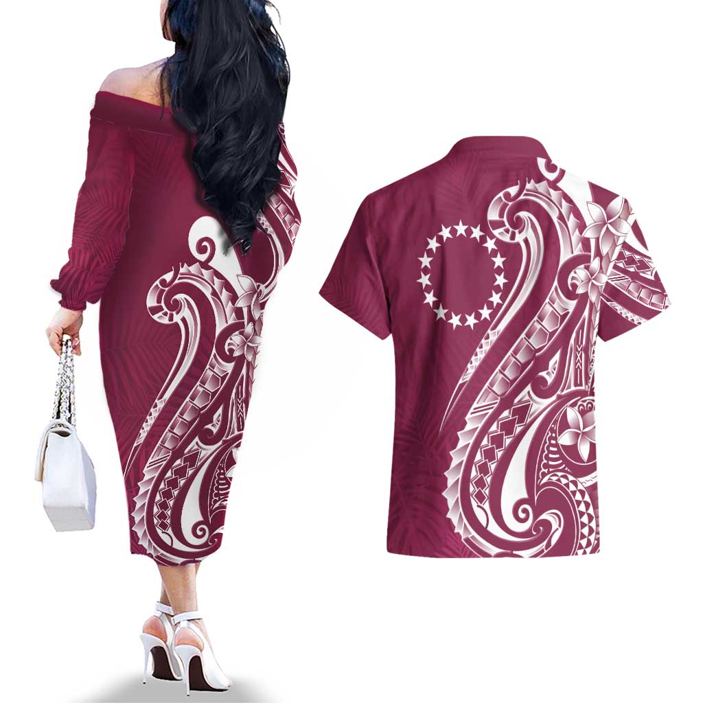 Kia Orana Cook Islands Couples Matching Off The Shoulder Long Sleeve Dress and Hawaiian Shirt Maroon Plumeria Tropical Waves LT7 - Polynesian Pride