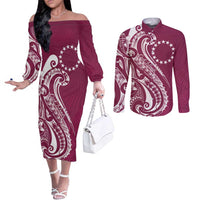 Kia Orana Cook Islands Couples Matching Off The Shoulder Long Sleeve Dress and Long Sleeve Button Shirt Maroon Plumeria Tropical Waves LT7 Maroon - Polynesian Pride