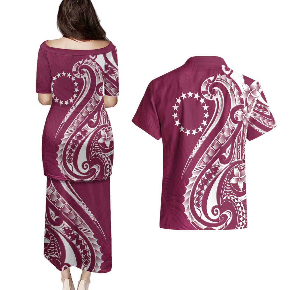 Kia Orana Cook Islands Couples Matching Puletasi and Hawaiian Shirt Maroon Plumeria Tropical Waves LT7 - Polynesian Pride