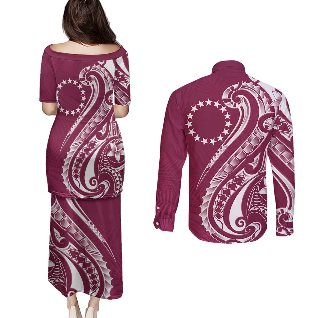 Kia Orana Cook Islands Couples Matching Puletasi and Long Sleeve Button Shirt Maroon Plumeria Tropical Waves LT7 - Polynesian Pride