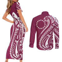 Kia Orana Cook Islands Couples Matching Short Sleeve Bodycon Dress and Long Sleeve Button Shirt Maroon Plumeria Tropical Waves LT7 - Polynesian Pride