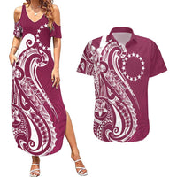 Kia Orana Cook Islands Couples Matching Summer Maxi Dress and Hawaiian Shirt Maroon Plumeria Tropical Waves LT7 Maroon - Polynesian Pride