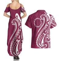Kia Orana Cook Islands Couples Matching Summer Maxi Dress and Hawaiian Shirt Maroon Plumeria Tropical Waves LT7 - Polynesian Pride