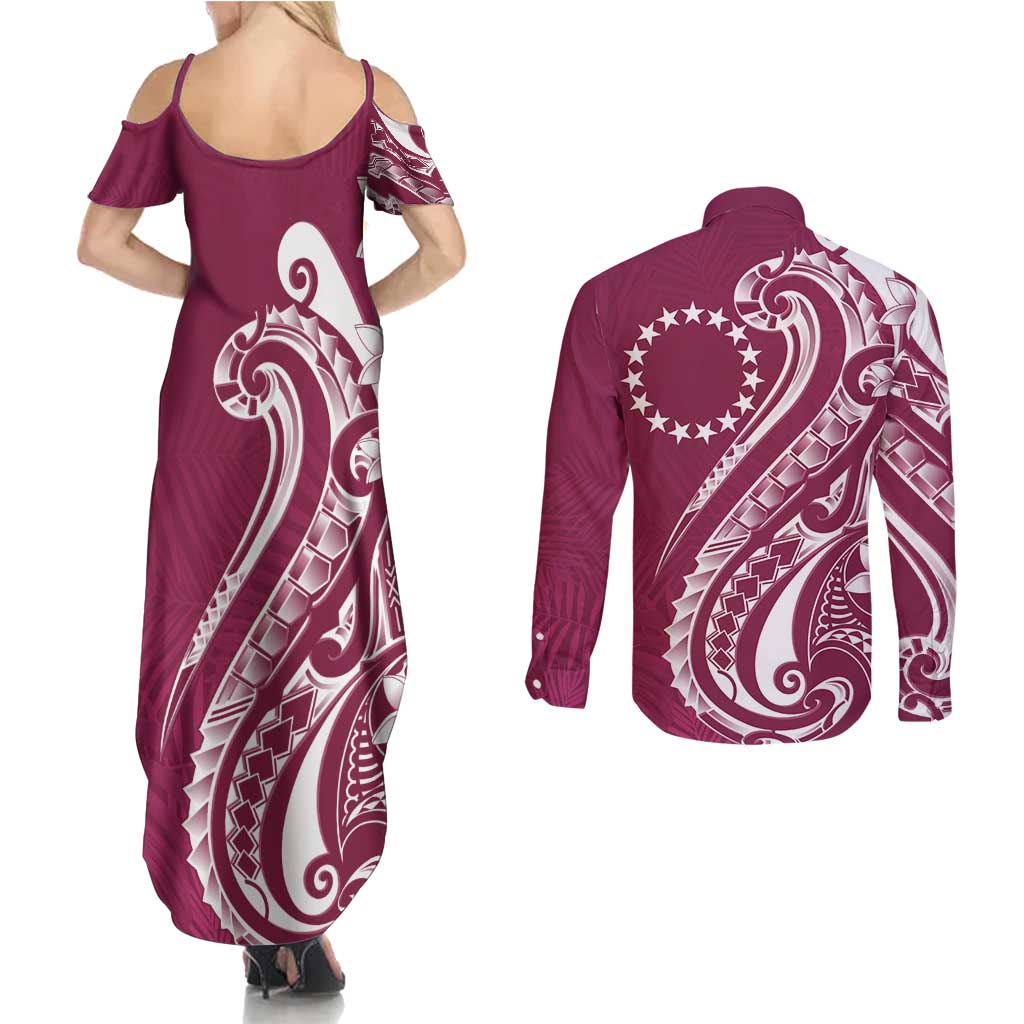Kia Orana Cook Islands Couples Matching Summer Maxi Dress and Long Sleeve Button Shirt Maroon Plumeria Tropical Waves LT7 - Polynesian Pride