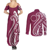 Kia Orana Cook Islands Couples Matching Summer Maxi Dress and Long Sleeve Button Shirt Maroon Plumeria Tropical Waves LT7 - Polynesian Pride