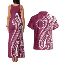 Kia Orana Cook Islands Couples Matching Tank Maxi Dress and Hawaiian Shirt Maroon Plumeria Tropical Waves LT7 - Polynesian Pride