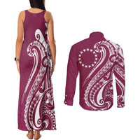Kia Orana Cook Islands Couples Matching Tank Maxi Dress and Long Sleeve Button Shirt Maroon Plumeria Tropical Waves LT7 - Polynesian Pride