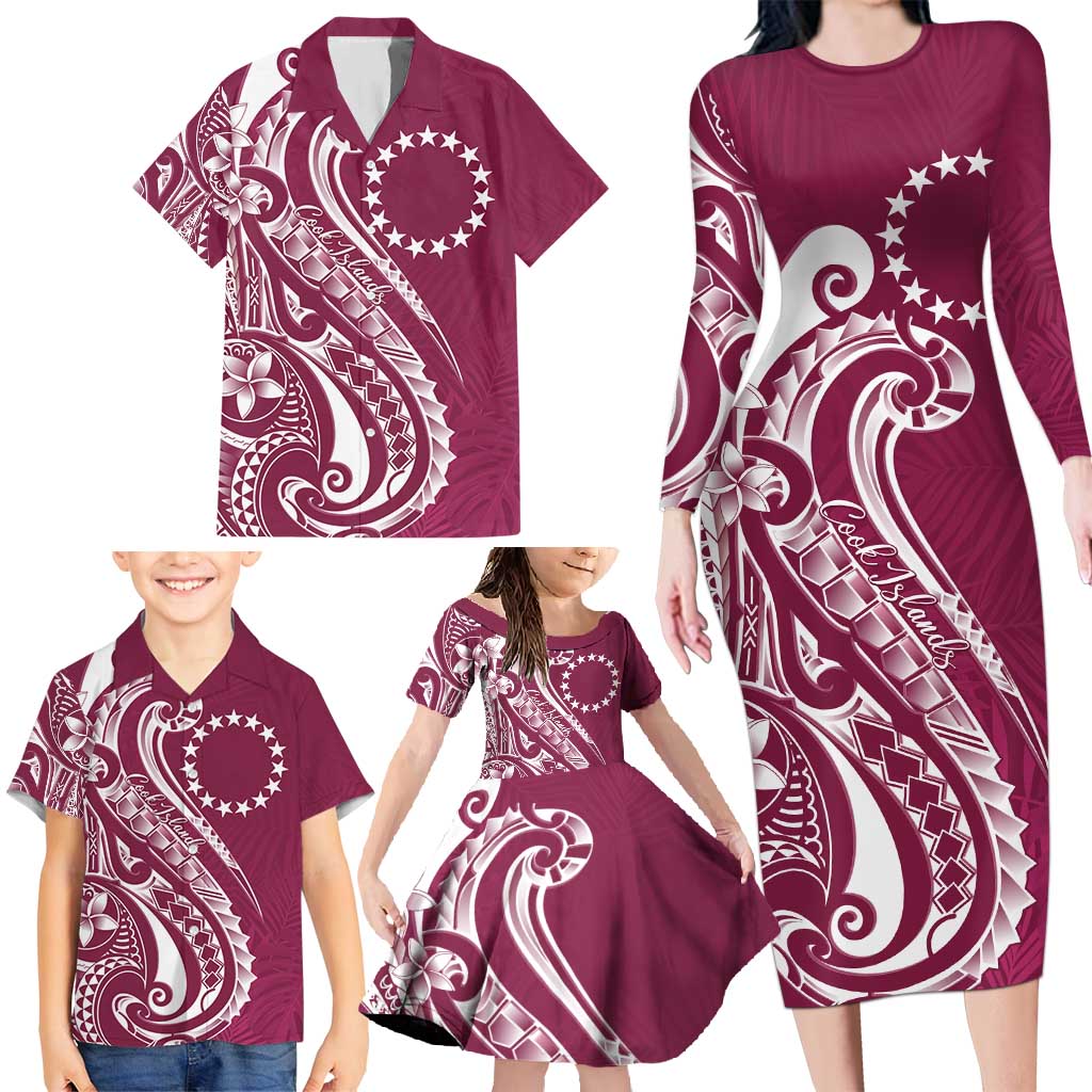 Kia Orana Cook Islands Family Matching Long Sleeve Bodycon Dress and Hawaiian Shirt Maroon Plumeria Tropical Waves LT7 - Polynesian Pride