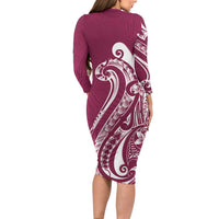 Kia Orana Cook Islands Family Matching Long Sleeve Bodycon Dress and Hawaiian Shirt Maroon Plumeria Tropical Waves LT7 - Polynesian Pride