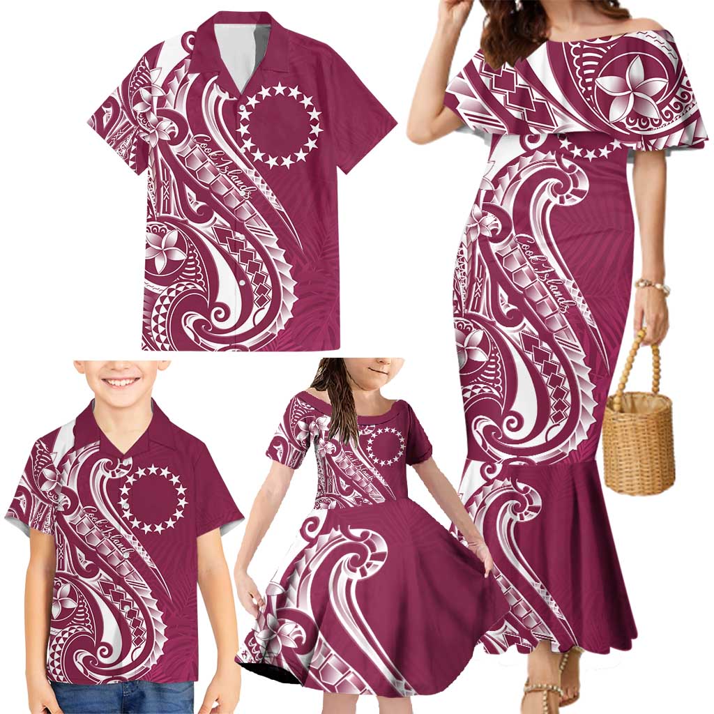 Kia Orana Cook Islands Family Matching Mermaid Dress and Hawaiian Shirt Maroon Plumeria Tropical Waves LT7 - Polynesian Pride