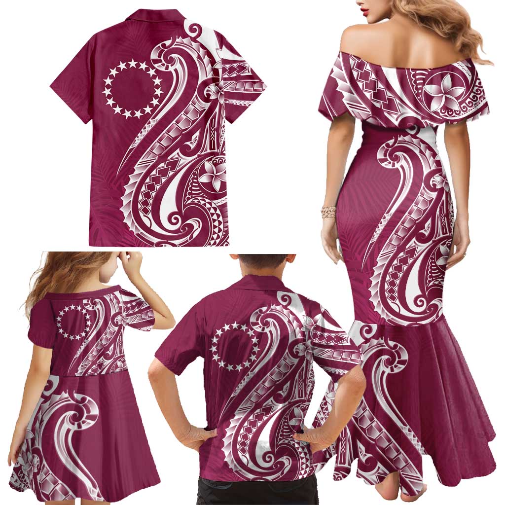 Kia Orana Cook Islands Family Matching Mermaid Dress and Hawaiian Shirt Maroon Plumeria Tropical Waves LT7 - Polynesian Pride