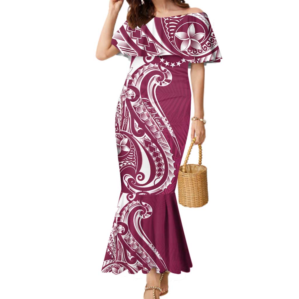 Kia Orana Cook Islands Family Matching Mermaid Dress and Hawaiian Shirt Maroon Plumeria Tropical Waves LT7 Mom's Dress Maroon - Polynesian Pride