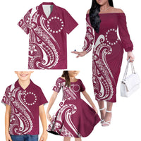 Kia Orana Cook Islands Family Matching Off The Shoulder Long Sleeve Dress and Hawaiian Shirt Maroon Plumeria Tropical Waves LT7 - Polynesian Pride