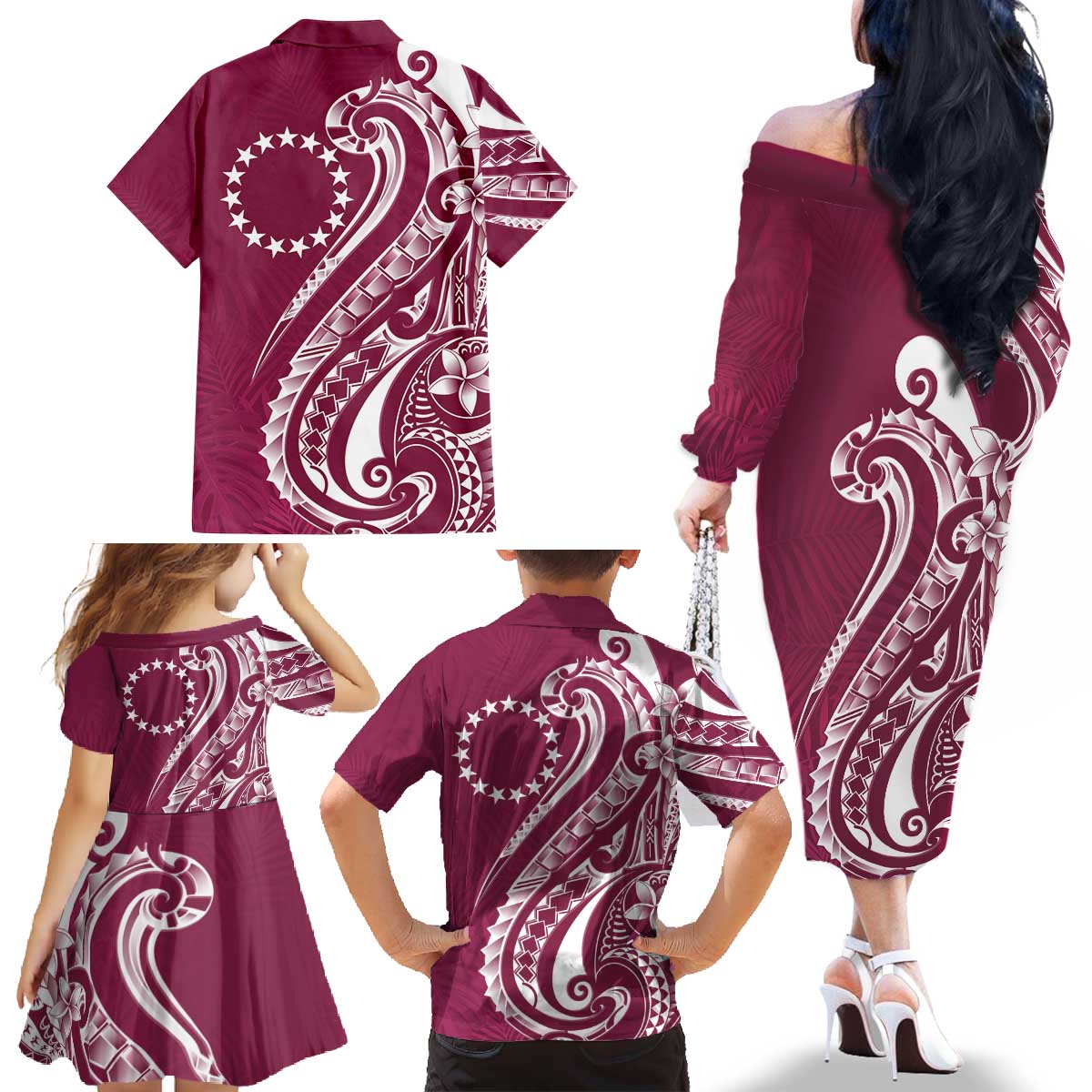 Kia Orana Cook Islands Family Matching Off The Shoulder Long Sleeve Dress and Hawaiian Shirt Maroon Plumeria Tropical Waves LT7 - Polynesian Pride