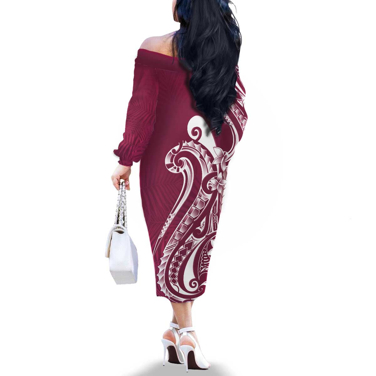 Kia Orana Cook Islands Family Matching Off The Shoulder Long Sleeve Dress and Hawaiian Shirt Maroon Plumeria Tropical Waves LT7 - Polynesian Pride