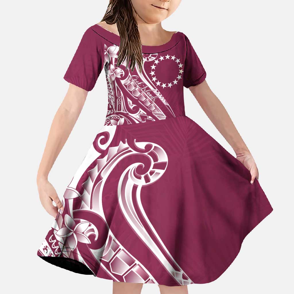 Kia Orana Cook Islands Family Matching Off Shoulder Maxi Dress and Hawaiian Shirt Maroon Plumeria Tropical Waves LT7 Daughter's Dress Maroon - Polynesian Pride