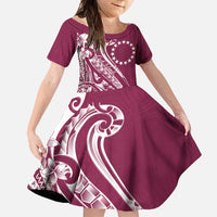 Kia Orana Cook Islands Family Matching Off Shoulder Maxi Dress and Hawaiian Shirt Maroon Plumeria Tropical Waves LT7 Daughter's Dress Maroon - Polynesian Pride