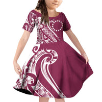 Kia Orana Cook Islands Family Matching Off Shoulder Short Dress and Hawaiian Shirt Maroon Plumeria Tropical Waves LT7 Daughter's Dress Maroon - Polynesian Pride