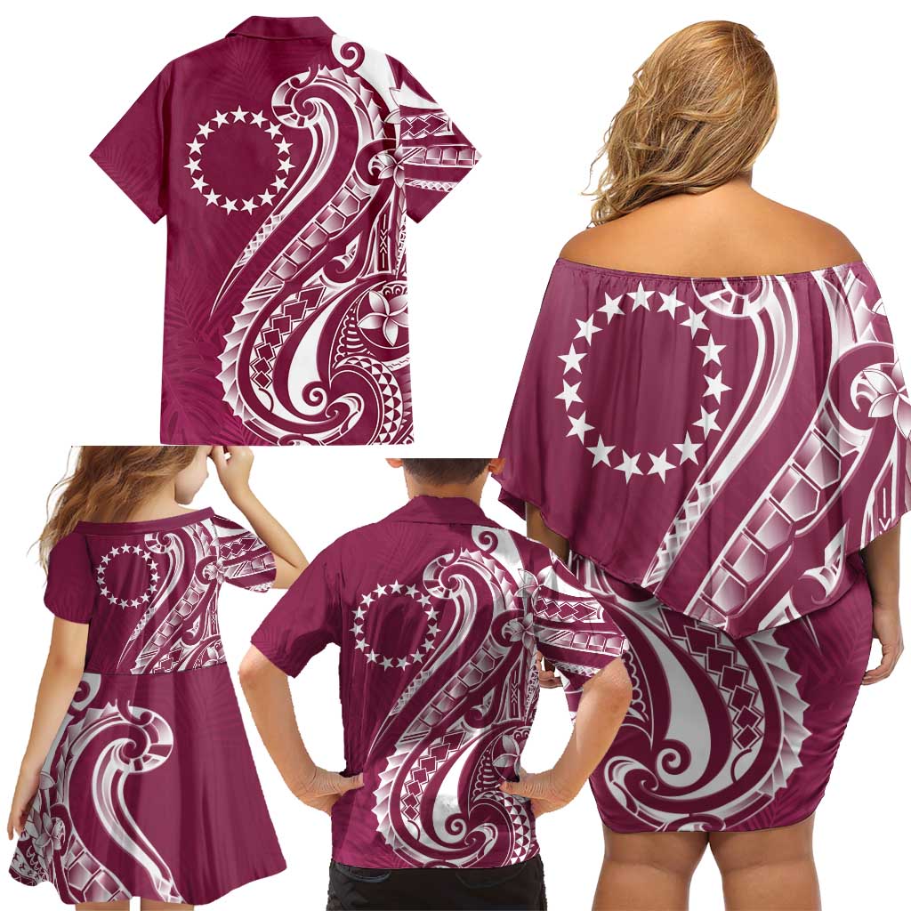 Kia Orana Cook Islands Family Matching Off Shoulder Short Dress and Hawaiian Shirt Maroon Plumeria Tropical Waves LT7 - Polynesian Pride