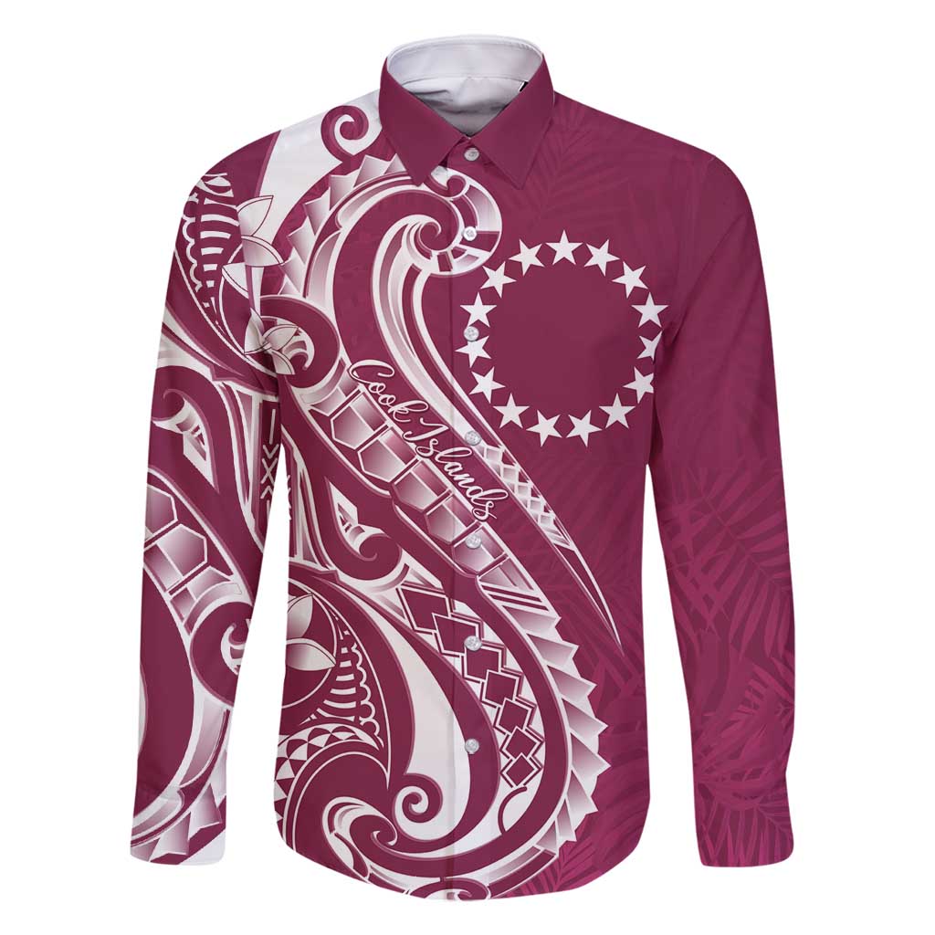 Kia Orana Cook Islands Family Matching Off Shoulder Short Dress and Hawaiian Shirt Maroon Plumeria Tropical Waves LT7 Dad's Shirt - Long Sleeve Maroon - Polynesian Pride
