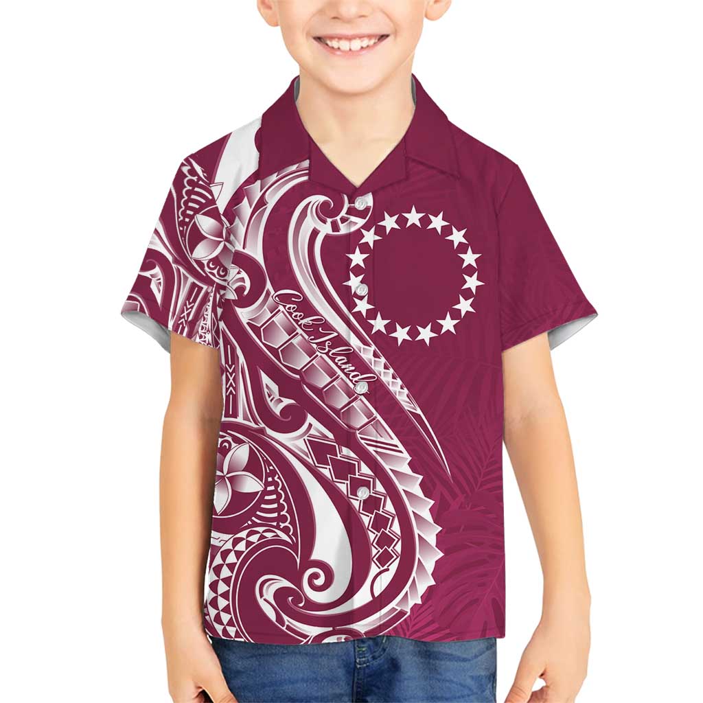 Kia Orana Cook Islands Family Matching Off Shoulder Short Dress and Hawaiian Shirt Maroon Plumeria Tropical Waves LT7 Son's Shirt Maroon - Polynesian Pride