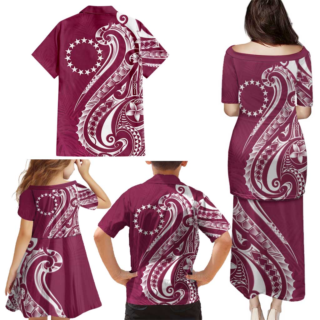 Kia Orana Cook Islands Family Matching Puletasi and Hawaiian Shirt Maroon Plumeria Tropical Waves LT7 - Polynesian Pride