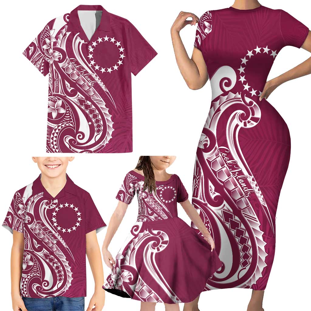 Kia Orana Cook Islands Family Matching Short Sleeve Bodycon Dress and Hawaiian Shirt Maroon Plumeria Tropical Waves LT7 - Polynesian Pride