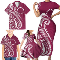 Kia Orana Cook Islands Family Matching Short Sleeve Bodycon Dress and Hawaiian Shirt Maroon Plumeria Tropical Waves LT7 - Polynesian Pride