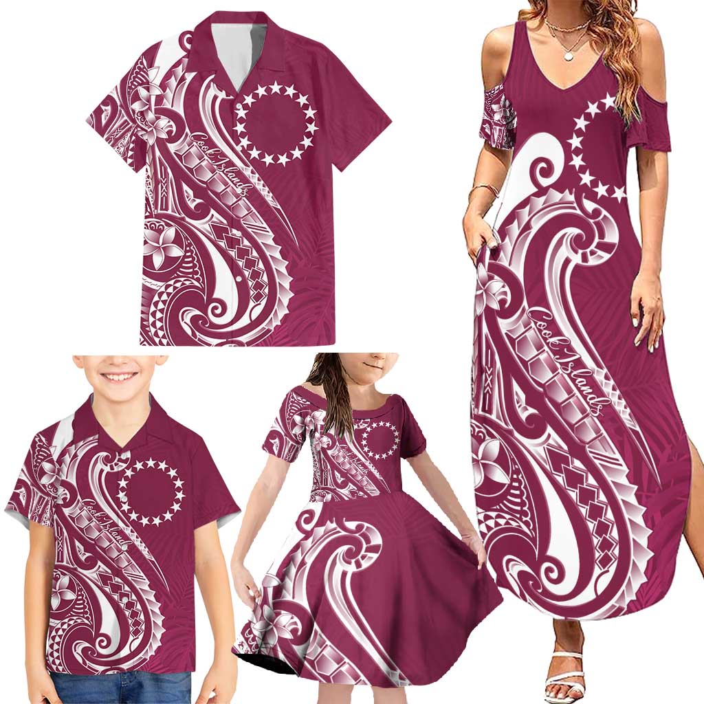 Kia Orana Cook Islands Family Matching Summer Maxi Dress and Hawaiian Shirt Maroon Plumeria Tropical Waves LT7 - Polynesian Pride