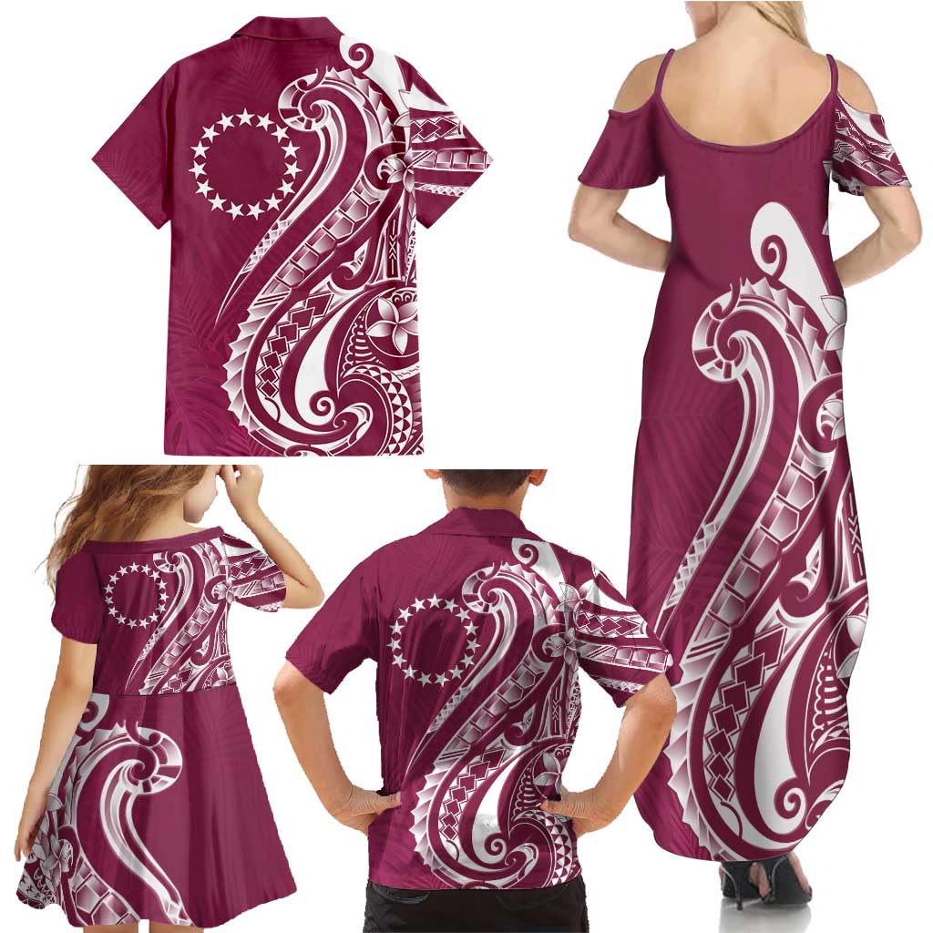 Kia Orana Cook Islands Family Matching Summer Maxi Dress and Hawaiian Shirt Maroon Plumeria Tropical Waves LT7 - Polynesian Pride