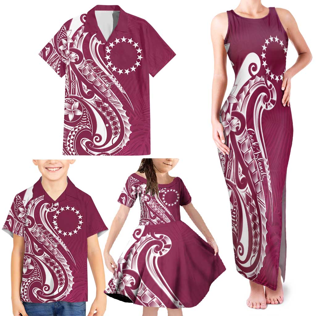 Kia Orana Cook Islands Family Matching Tank Maxi Dress and Hawaiian Shirt Maroon Plumeria Tropical Waves LT7 - Polynesian Pride