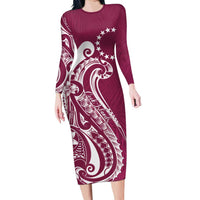 Kia Orana Cook Islands Long Sleeve Bodycon Dress Maroon Plumeria Tropical Waves LT7 Long Dress Maroon - Polynesian Pride