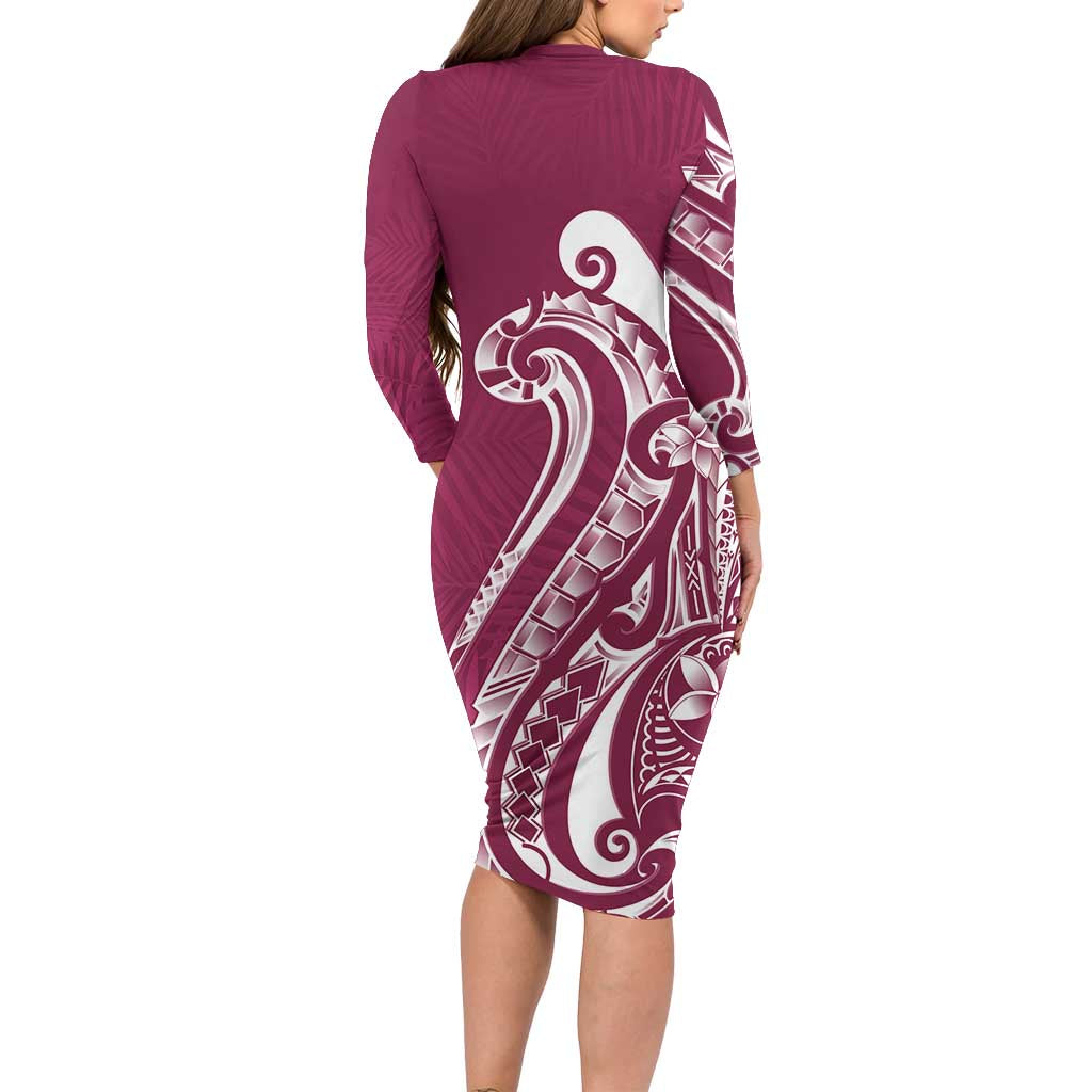 Kia Orana Cook Islands Long Sleeve Bodycon Dress Maroon Plumeria Tropical Waves LT7 - Polynesian Pride